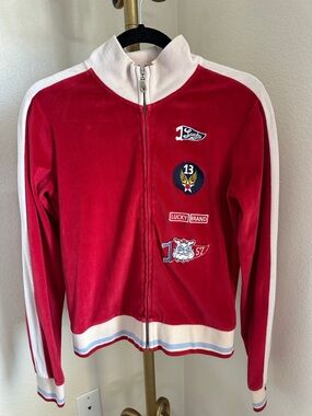 Lucky Brand Red Velour Track Jacket with Cream Trim and Patches